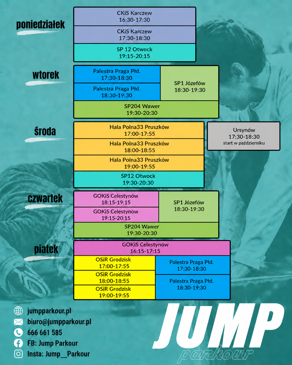 Grafik zajęć Jump Parkour – dni, lokalizacje i godziny treningów